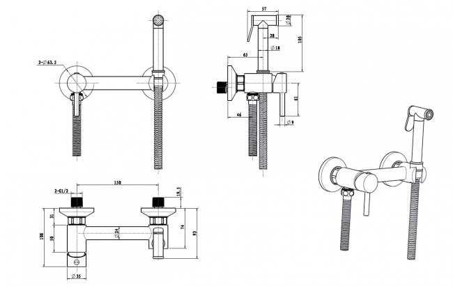 Настенный смеситель с гигиеническим душем DRS/004 Настенный смеситель с гигиеническим душем DRS/004